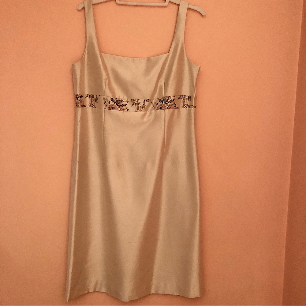 Talbots Cream Satin Sleeveless Sheath Dress with Decorative Waistband